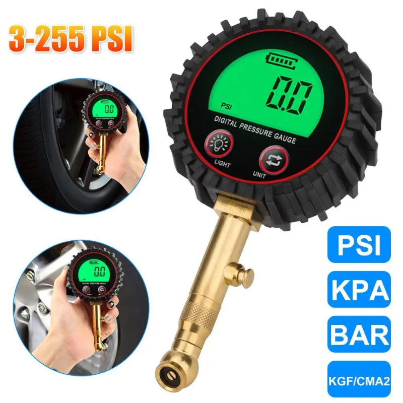 Tire Pressure Gauge 3-255PSI Backlight LCD Display Digital Air Pressure Gauge For Car Trucks Bikes