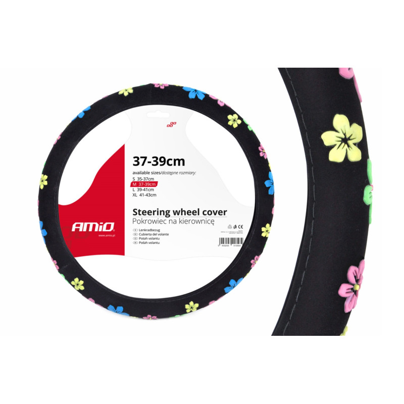 Amio - Κάλυμμα τιμονιού Swc-13 με λουλούδια διάσταση 37/39cm χρώμα μαύρο για Επιβατικά Αυτοκίνητα - 1 τεμ. (01376/AM)