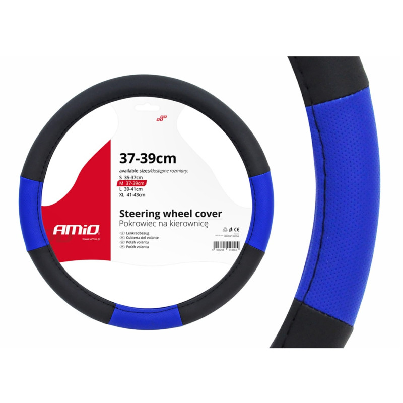 Amio - Κάλυμμα Τιμονιού SWC-04 Μαύρο Μπλε Διάμετρος 37/39cm από Δερματίνη για Προστασία και Άνεση Τιμονιού για Επιβατικά και Επαγγελματικά Αυτοκίνητα - 1 τεμ. (01359/AM)