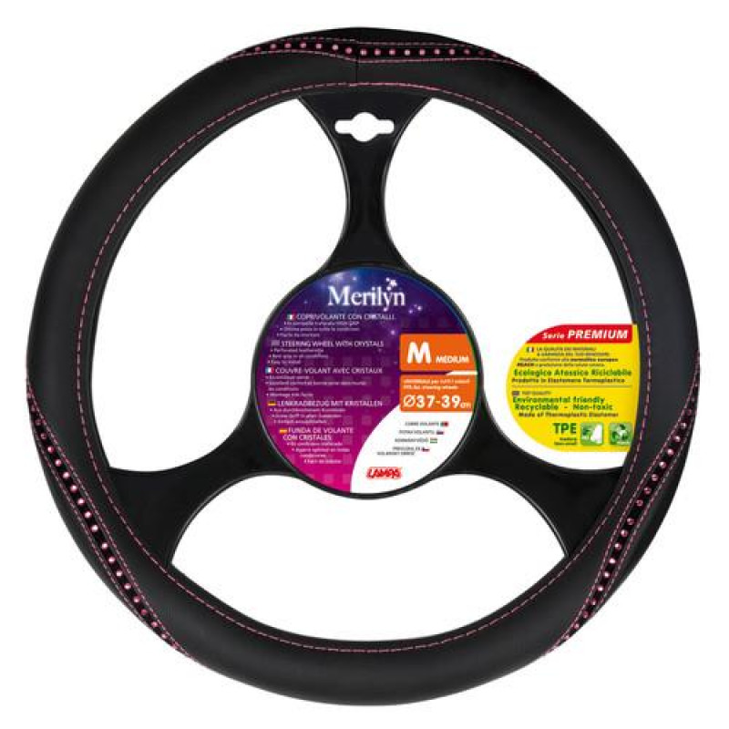 Lampa Κάλυμμα Τιμονιού Αυτοκινήτου Merilyn 37-39εκ. Άοσμο με διαμαντάκια  Skeentex Μαύρο με Ροζ Ραφή 1-τεμ. (L3313.7)