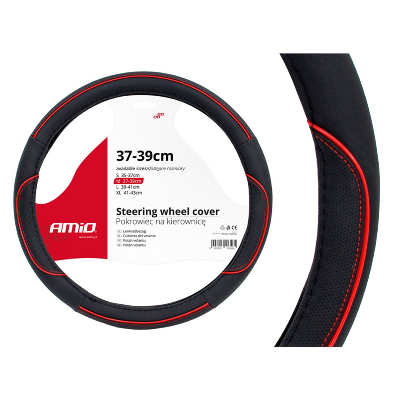 Amio - Κάλυμμα Τιμονιού SWC-07 Μαύρο με Κόκκινες Ραφές Διάμετρος 37/39cm από Δερματίνη για Προστασία και Άνεση Τιμονιού για Επιβατικά και Επαγγελματικά Αυτοκίνητα - 1 τεμ. (01362/AM)