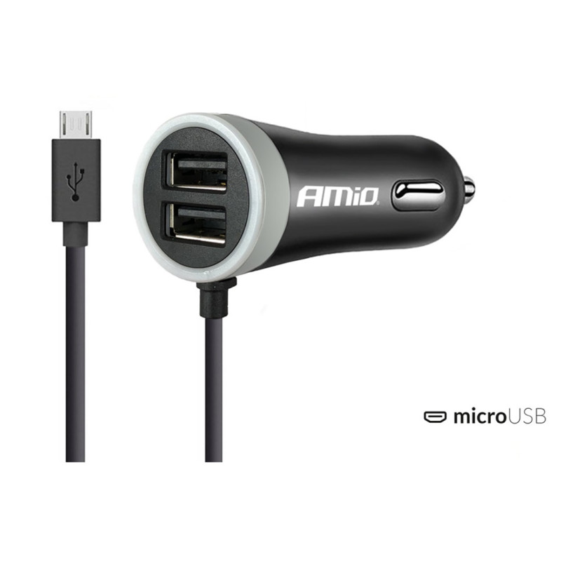 Amio - Φορτιστής Αναπτήρα 12-24V 2.4A με 2 θύρες USB και καλώδιο Micro USB για ταυτόχρονη φόρτιση συσκευών με σταθερή παροχή ρεύματος σε αυτοκίνητα και επαγγελματικά οχήματα - 1 Τεμ. (02056/AM)