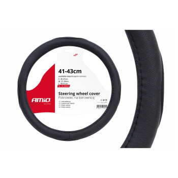 Amio - Κάλυμμα Τιμονιού SWC-09-XL Μαύρο από Τεχνόδερμα Διάμετρος 41/43cm για Προστασία και Άνεση Τιμονιού για Επιβατικά και Επαγγελματικά Αυτοκίνητα - 1 τεμ. (01367/AM)