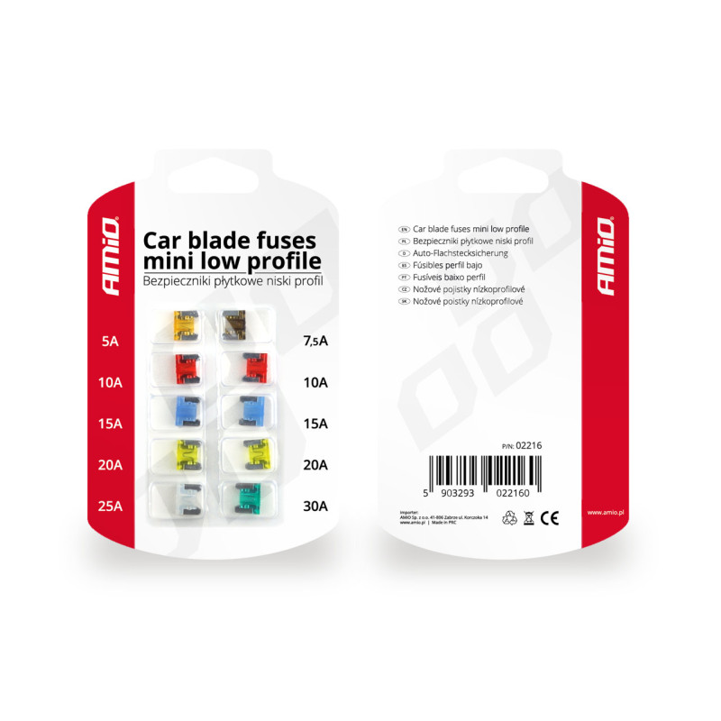 Amio - ΑΣΦΑΛΕΙΕΣ MINI LOW PROFILE ΔΙΑΦΟΡΕΣ ΣΕ ΚΑΡΤΕΛΑ 1x5A/1x7.5A/2x10A/2x15A/2x20A/1x25A/1x30A - 10 TEM (02216/AM)