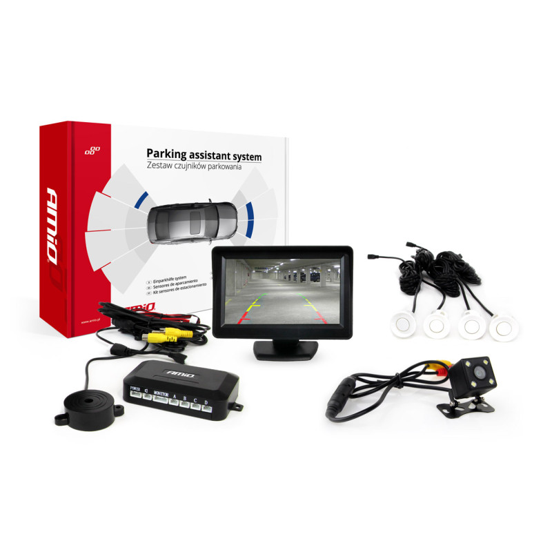 Amio - Σύστημα Παρκαρίσματος με 4 αισθητήρες, κάμερα HD-315 και οθόνη TFT01 τάση λειτουργίας 12V διάσταση 22mm χρώμα Λευκό για Επιβατικά Αυτοκίνητα - 1 σετ (01099/AM)