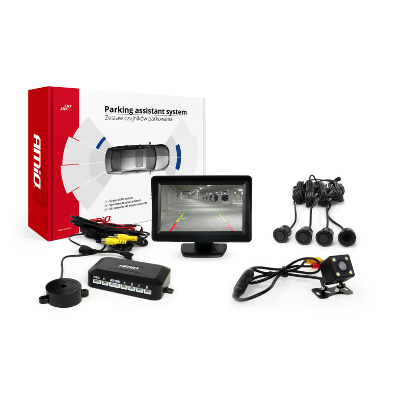 Amio - Σύστημα Παρκαρίσματος με 4 αισθητήρες, κάμερα HD-315 και οθόνη TFT01 τύπου Gold τάση λειτουργίας 12V διάσταση 18mm χρώμα Μαύρο για Επιβατικά Αυτοκίνητα - 1 σετ (01101/AM)