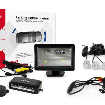 Amio - Σύστημα Παρκαρίσματος με 4 αισθητήρες, κάμερα HD-315 και οθόνη TFT01 τάση λειτουργίας 12V διάσταση 22mm χρώμα Ασημί για Επιβατικά Αυτοκίνητα - 1 σετ (01102/AM)