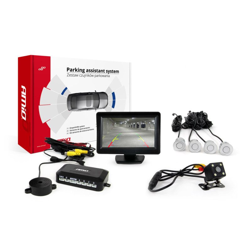 Amio - Σύστημα Παρκαρίσματος με 4 αισθητήρες, κάμερα HD-315 και οθόνη TFT01 τάση λειτουργίας 12V διάσταση 22mm χρώμα Ασημί για Επιβατικά Αυτοκίνητα - 1 σετ (01102/AM)