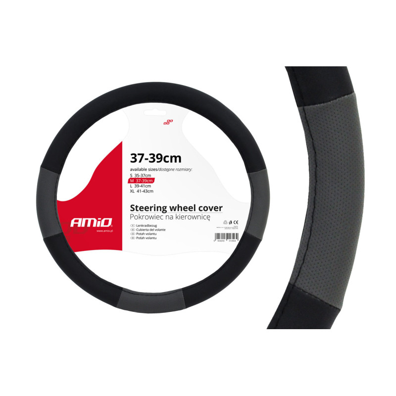 Amio - Κάλυμμα Τιμονιού SWC-05 Μαύρο Γκρι Διάμετρος 37/39cm από Δερματίνη για Προστασία και Άνεση Τιμονιού για Επιβατικά και Επαγγελματικά Αυτοκίνητα - 1 τεμ. (01360/AM)