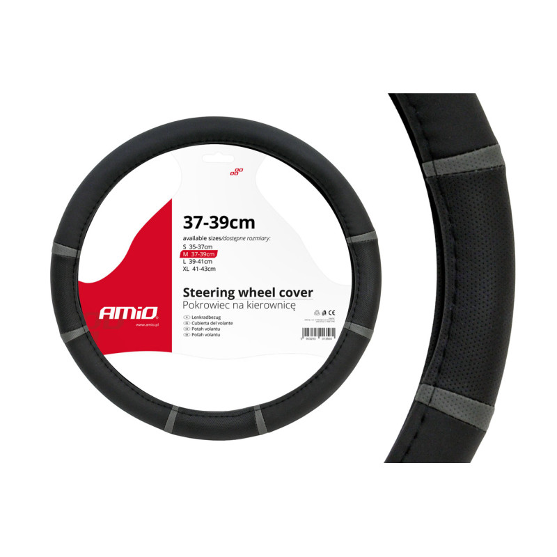 Amio - Κάλυμμα Τιμονιού SWC-06 Μαύρο Γκρι Διάμετρος 37/39cm από Δερματίνη για Προστασία και Άνεση Τιμονιού για Επιβατικά και Επαγγελματικά Αυτοκίνητα - 1 τεμ. (01361/AM)