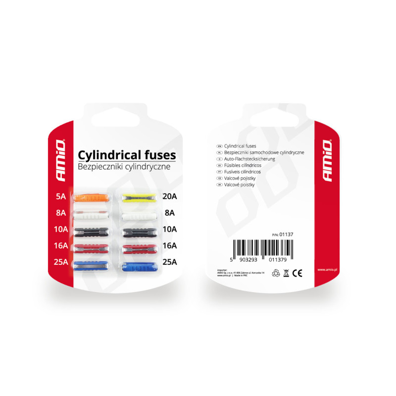 Amio - Ασφάλειες τύπου FUS-0 τάση λειτουργίας 12-24V ένταση ρεύματος 1x5A, 2x8A, 2x10A, 2x16A, 1x20A, 2x25A για Επιβατικά Αυτοκίνητα και Φορτηγά - 10 τεμ. (01137/AM)