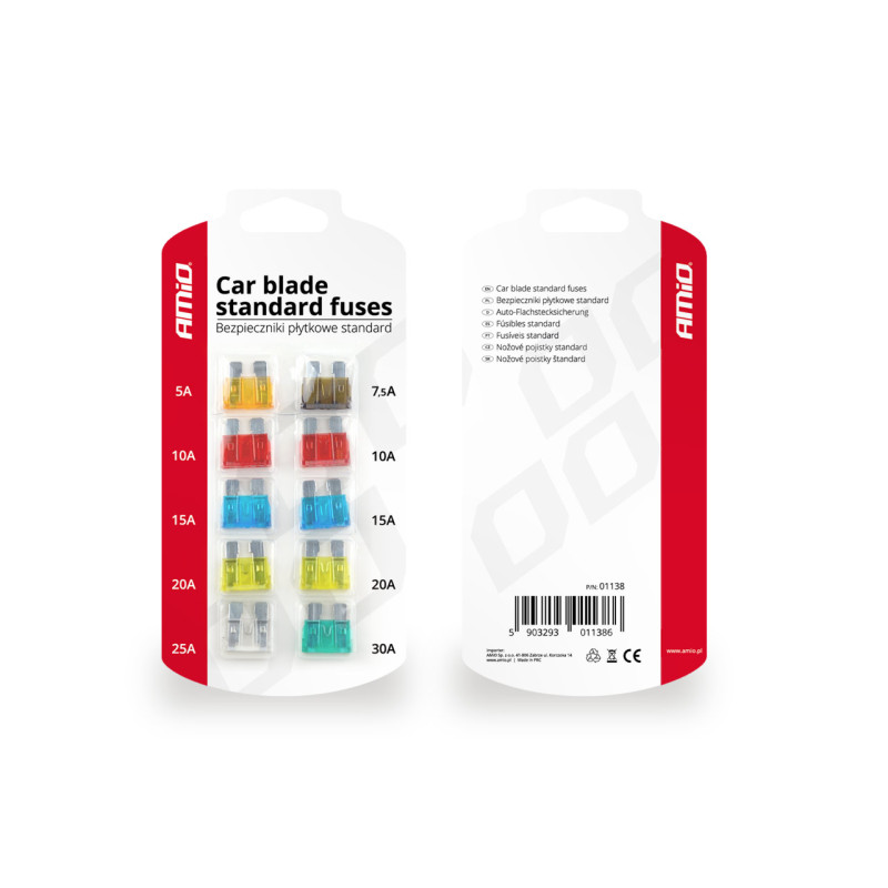 Amio - Ασφάλειες τύπου Standard τάση λειτουργίας 12-24V ένταση ρεύματος 1x5A, 1x7.5A, 2x10A, 2x15A, 2x20A, 1x25A, 1x30A για Επιβατικά Αυτοκίνητα και Φορτηγά - 10 τεμ. (01138/AM)