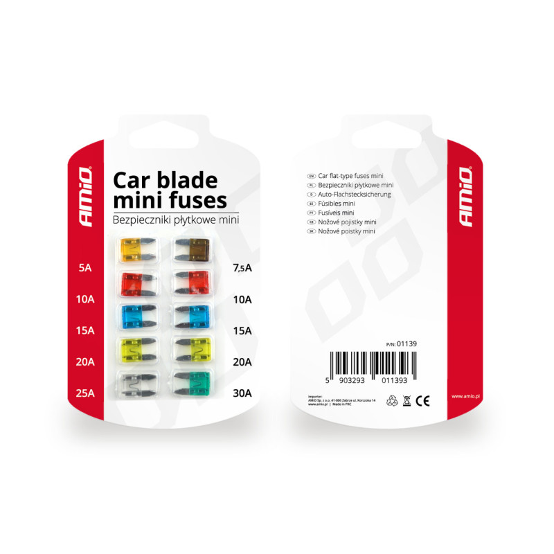 Amio - Ασφάλειες τύπου Mini τάση λειτουργίας 12-24V ένταση ρεύματος 1x5A, 1x7.5A, 2x10A, 2x15A, 2x20A, 1x25A, 1x30A για Επιβατικά Αυτοκίνητα και Φορτηγά - 10 τεμ. (01139/AM)