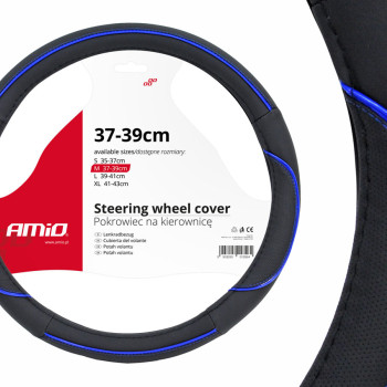 Amio - Κάλυμμα Τιμονιού SWC-08 Μαύρο Μπλε Διάμετρος 37/39cm από Δερματίνη για Προστασία και Άνεση Τιμονιού για Επιβατικά και Επαγγελματικά Αυτοκίνητα - 1 τεμ. (01363/AM)