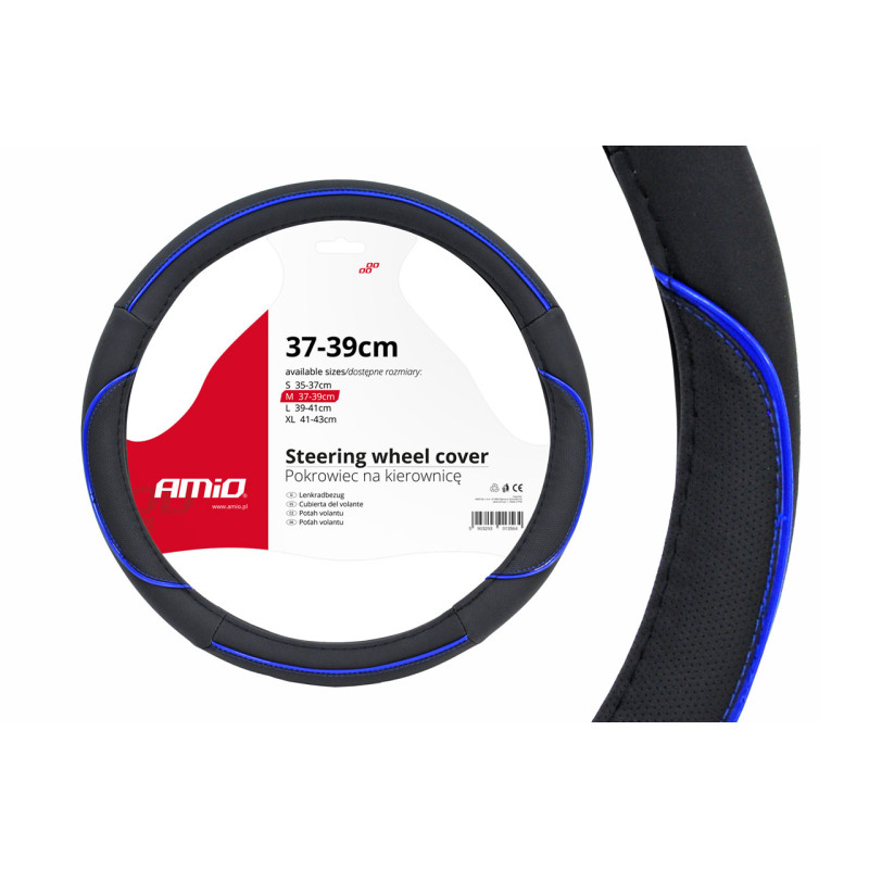 Amio - Κάλυμμα Τιμονιού SWC-08 Μαύρο Μπλε Διάμετρος 37/39cm από Δερματίνη για Προστασία και Άνεση Τιμονιού για Επιβατικά και Επαγγελματικά Αυτοκίνητα - 1 τεμ. (01363/AM)