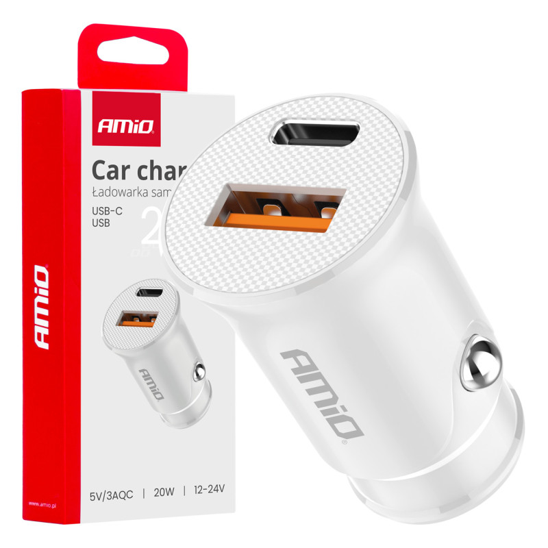Amio - ΦΟΡΤΙΣΤΗΣ ΑΝΑΠΤΗΡΑ 12/24V ΜΕ 2 ΘΥΡΕΣ USB-C+USB 20W 5V/3AQC ΤΑΧΕΙΑΣ ΦΟΡΤΙΣΗΣ ΛΕΥΚΟΣ - 1 Τεμ. (03877/AM)