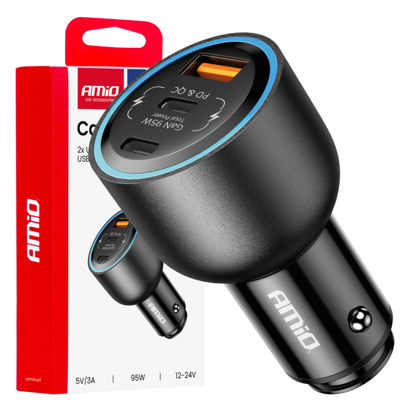 Amio - ΦΟΡΤΙΣΤΗΣ ΑΝΑΠΤΗΡΑ 12/24V ΜΕ 2 ΘΥΡΕΣ USB-C/USB-A 95W 5V/3A ΤΑΧΕΙΑΣ ΦΟΡΤΙΣΗΣ ΑΛΟΥΜΙΝΙΟ/ΜΑΥΡΟΣ - 1 Τεμ. (04372/AM)