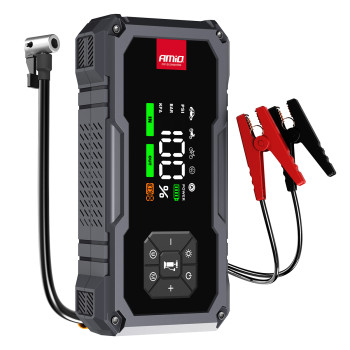 Amio - Φορητός Εκκινητής Μπαταρίας (Jump Starter) με ενσωματωμένο Κομπρεσέρ Αέρα, Powerbank και Φακό LED τάση λειτουργίας 12V με χωρητικότητα 7,2Ah και μέγιστο ρεύμα εκκίνησης 600A για Επιβατικά Αυτοκίνητα - 1 τεμ. (04674/AM)
