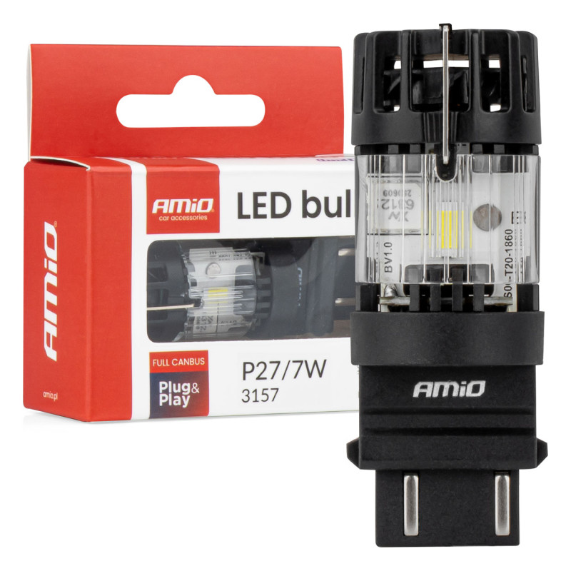 Amio – LED CSP P27/7W 3157 Καρφωτό 12V 66W 4800lm 6500K Full CANBUS για Στοπ & Θέσης Ισχυρό Φως – 1 Τεμ. (04691/AM)