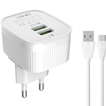 LDNIO φορτιστής τοίχου A201 με καλώδιο USB-C, 2x USB, 12W, λευκός