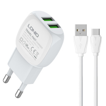 LDNIO φορτιστής τοίχου A2218 με καλώδιο USB-C, 2x USB, 12W, λευκός