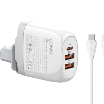 LDNIO φορτιστής τοίχου A3511Q με καλώδιο, USB-C/2x USB, 65W, GaN, λευκός