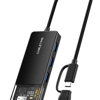CABLETIME USB hub CT-HUBT3-PB, 4x θυρών, 5Gbps, USB/USB-C σύνδεση, μαύρο