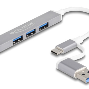 DELOCK USB hub 64214, 4x θυρών, 5Gbps, USB & USB-C σύνδεση, γκρι