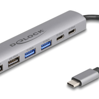 DELOCK USB hub 64232, 6x θυρών, 10Gbps, USB-C σύνδεση, γκρι