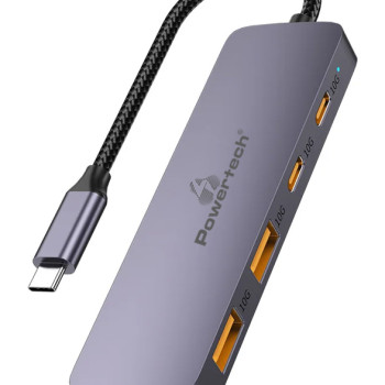POWERTECH USB hub CAB-UC082, 4x θυρών, 10Gbps, USB-C σύνδεση, γκρι
