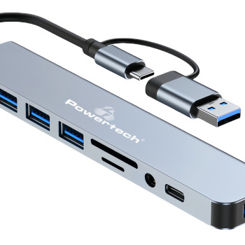 POWERTECH USB hub PTR-0151 με card reader, 8 θυρών, USB & USB-C, γκρι