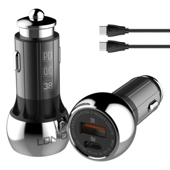 LDNIO φορτιστής αυτοκινήτου C1 με καλώδιο, USB & USB-C, 38W PD, μαύρος