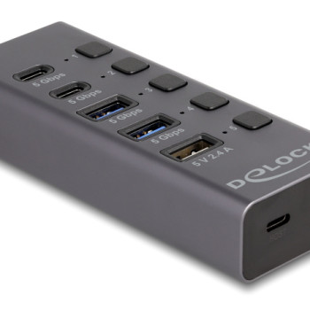 DELOCK USB hub 64248 με διακόπτες, 5x θυρών, 5Gbps, USB/USB-C σύνδεση, γκρι