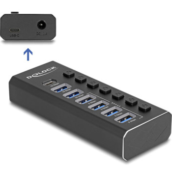 DELOCK USB hub 64326 με διακόπτες, 7x θυρών, 10Gbps, USB/USB-C σύνδεση, μαύρο