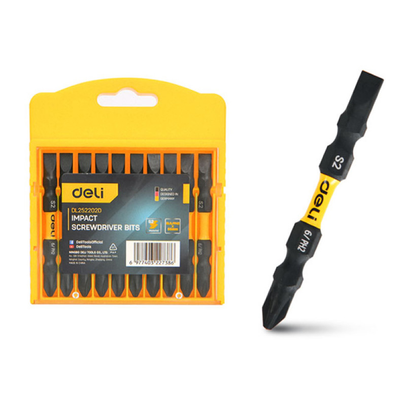 DELI σετ μύτες κατσαβιδιού DL252202D για δραπανοκατσάβιδο, διπλή κεφαλή, σταυρωτές/ίσιες, SL6/PH2x65mm, 10τμχ