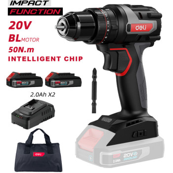 DELI κρουστικό δραπανοκατσάβιδο μπαταρίας DE-CZ20-2D2, Brushless, 20V, 2x 2Ah, 50N.m