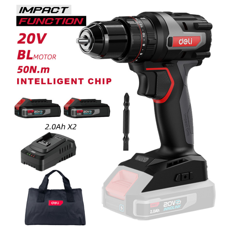 DELI κρουστικό δραπανοκατσάβιδο μπαταρίας DE-CZ20-2D2, Brushless, 20V, 2x 2Ah, 50N.m