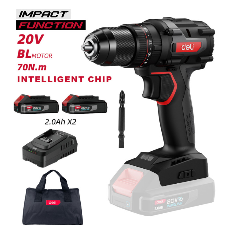 DELI κρουστικό δραπανοκατσάβιδο μπαταρίας DE-CZ20-1D2, Brushless, 20V, 2x 2Ah, 70N.m