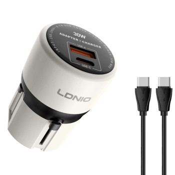 LDNIO φορτιστής τοίχου Q2319 με καλώδιο USB-C, EU/UK/US/AU βύσμα, USB/USB-C, 30W, γκρι