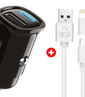 POWERTECH φορτιστής αυτοκινήτου με καλώδιο MFi USB σε micro USB/Lightning BNDL-0206, USB & USB-C, 30W, μαύρο/λευκό