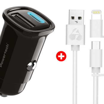 POWERTECH φορτιστής αυτοκινήτου με καλώδιο MFi USB σε micro USB/Lightning BNDL-0206, USB & USB-C, 30W, μαύρο/λευκό