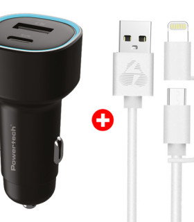 POWERTECH φορτιστής αυτοκινήτου με καλώδιο MFi USB σε micro USB/Lightning BNDL-0207, USB & USB-C, 85W, μαύρο/λευκό