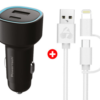 POWERTECH φορτιστής αυτοκινήτου με καλώδιο MFi USB σε micro USB/Lightning BNDL-0207, USB & USB-C, 85W, μαύρο/λευκό