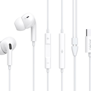 CELEBRAT earphones με μικρόφωνο E300, USB-C σύνδεση, Φ10mm, 1.2m, λευκά